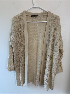 Open-Weave Beige Wool Blend Cardigan Office Sweater